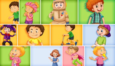 Farklı arkaplan resimlerinde farklı çocuk karakterleri kümesi