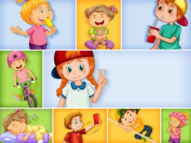 Farklı arkaplan resimlerinde farklı çocuk karakterleri kümesi