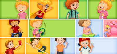 Farklı arkaplan resimlerinde farklı çocuk karakterleri kümesi