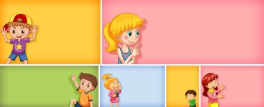 Farklı arkaplan resimlerinde farklı çocuk karakterleri kümesi