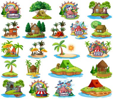 Beyaz arkaplanda izole edilmiş farklı bangalovlar ve ada plaj teması ve eğlence parkı seti