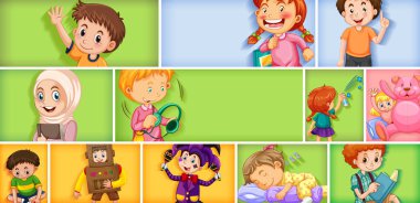 Farklı arkaplan resimlerinde farklı çocuk karakterleri kümesi