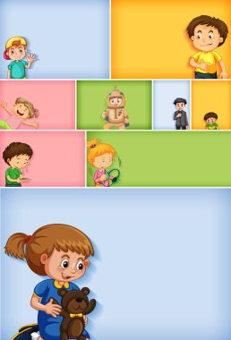 Farklı arkaplan resimlerinde farklı çocuk karakterleri kümesi