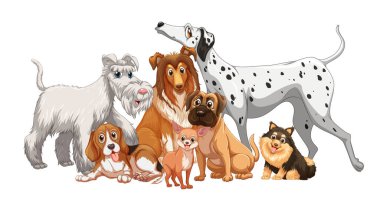 Beyaz arkaplanda izole edilmiş şirin hayvan köpek grubu