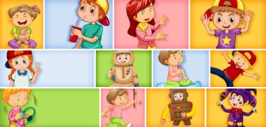 Farklı arkaplan resimlerinde farklı çocuk karakterleri kümesi