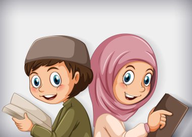 Kitap illüstrasyonunu okuyan Müslüman öğrenciler