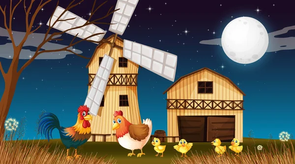 Scena Fattoria Con Fienile Mulino Vento Pollo Notte Illustrazione — Vettoriale Stock