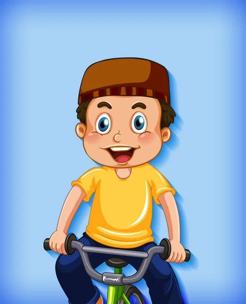 Happy Muslim Boy Riding Bicycle Illustration — Stock Vector