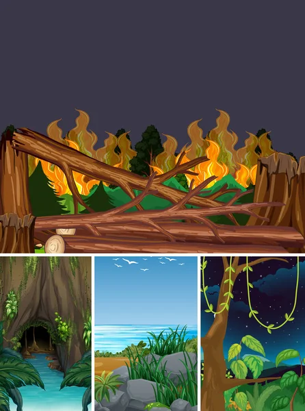 Cuatro Diferentes Escenas Desastres Naturales Dibujos Animados Forestales Estilo Ilustración — Vector de stock