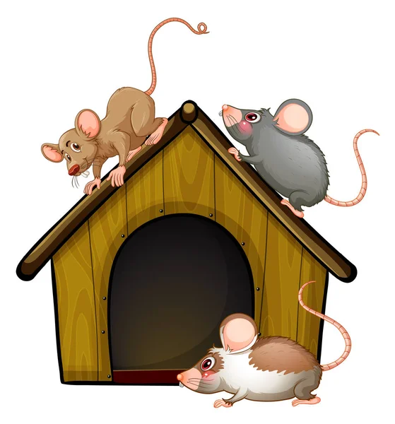Grupa Uroczych Myszy Małym Domkiem Odizolowanych Białym Tle Ilustracji — Wektor stockowy