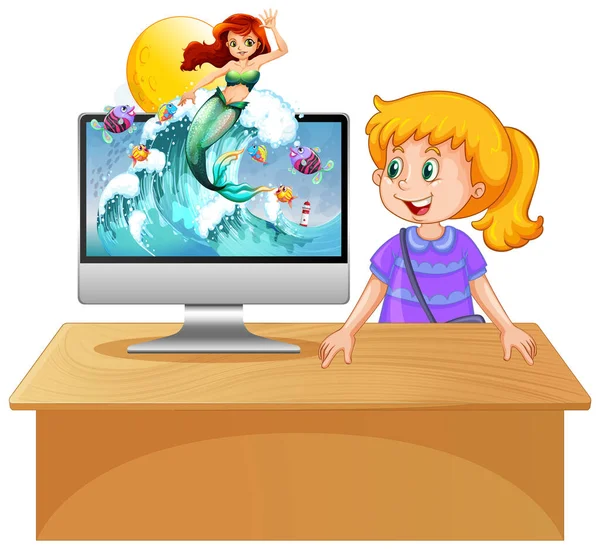 Mermaid Computer Screen Illustration — Stock Vector