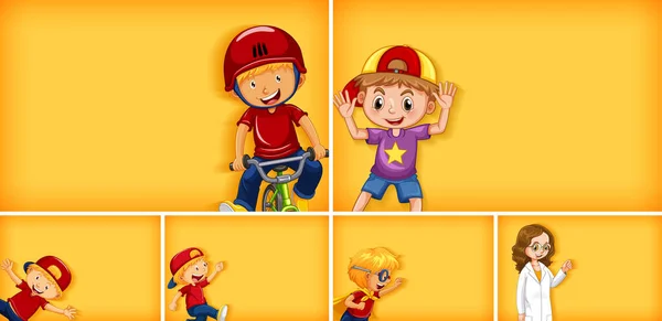 Conjunto Diferentes Personajes Infantiles Ilustración Fondo Color Amarillo — Archivo Imágenes Vectoriales