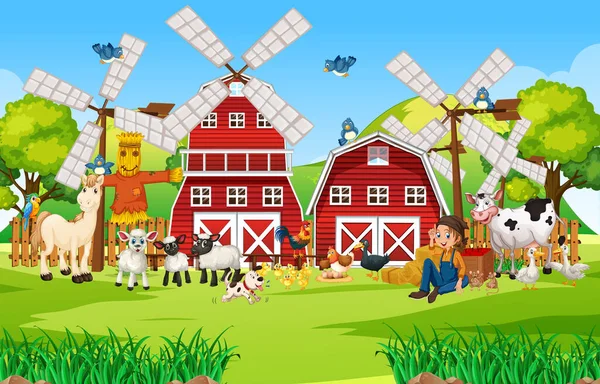 Fazenda Natureza Cena Com Celeiro Moinho Vento Animal Fazenda Ilustração — Vetor de Stock