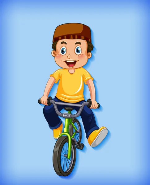 Happy Muslim Boy Riding Bicycle Illustration — Stock Vector