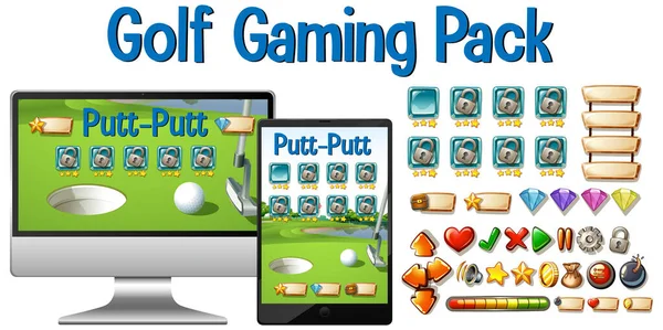 Golf Gaming Pack Met Computer Tablet Knop Pictogrammen Geïsoleerde Illustratie — Stockvector
