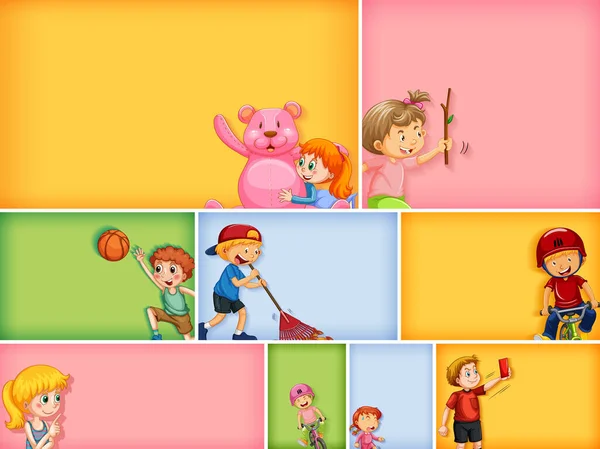 Set Diversi Personaggi Bambini Diverse Illustrazioni Sfondo Colori — Vettoriale Stock