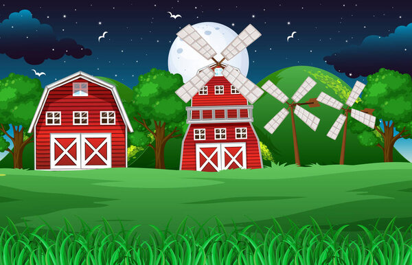 Farm scene with barn and mill at night illustration