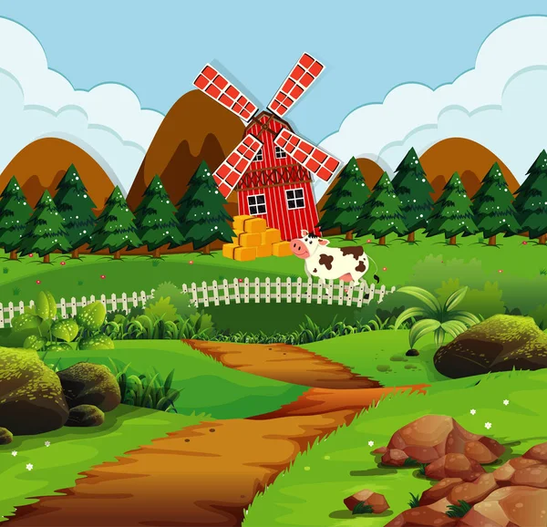 Φάρμα Στη Φύση Σκηνή Ανεμόμυλο Και Αγελάδας Εικονογράφηση — Διανυσματικό Αρχείο