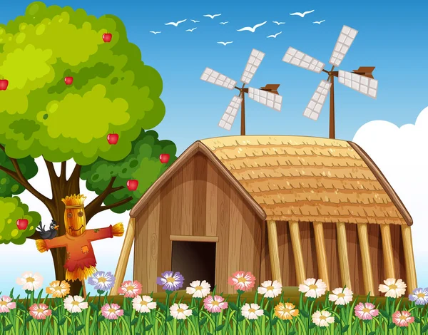 納屋とかかしと風車のイラストで自然シーンの農場 — ストックベクタ