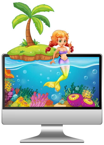 Mermaid Computer Screen Illustration — Stock Vector