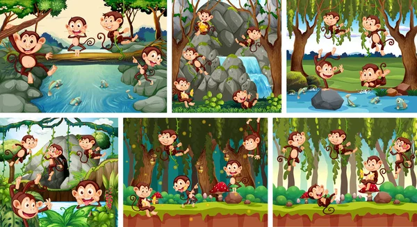 自然の中で遊び心のある猿のセット背景イラスト — ストックベクタ