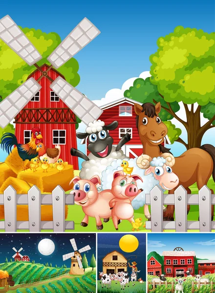 Set Von Verschiedenen Bauernhof Szenen Mit Animal Farm Cartoon Stil — Stockvektor