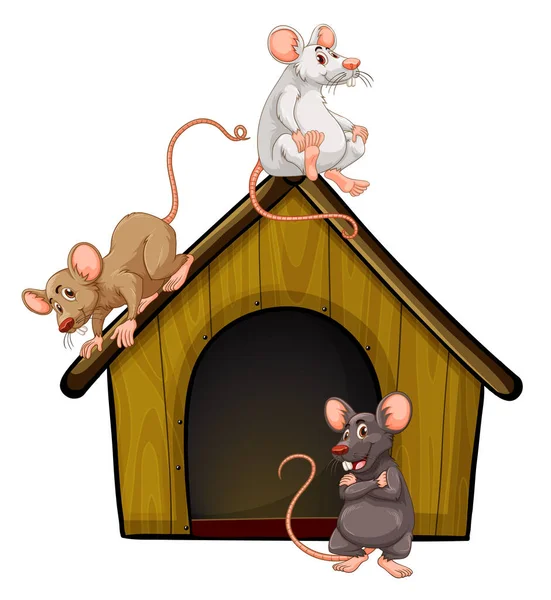 Grupo Ratos Bonitos Com Pequena Casa Isolada Fundo Branco Ilustração —  Vetores de Stock