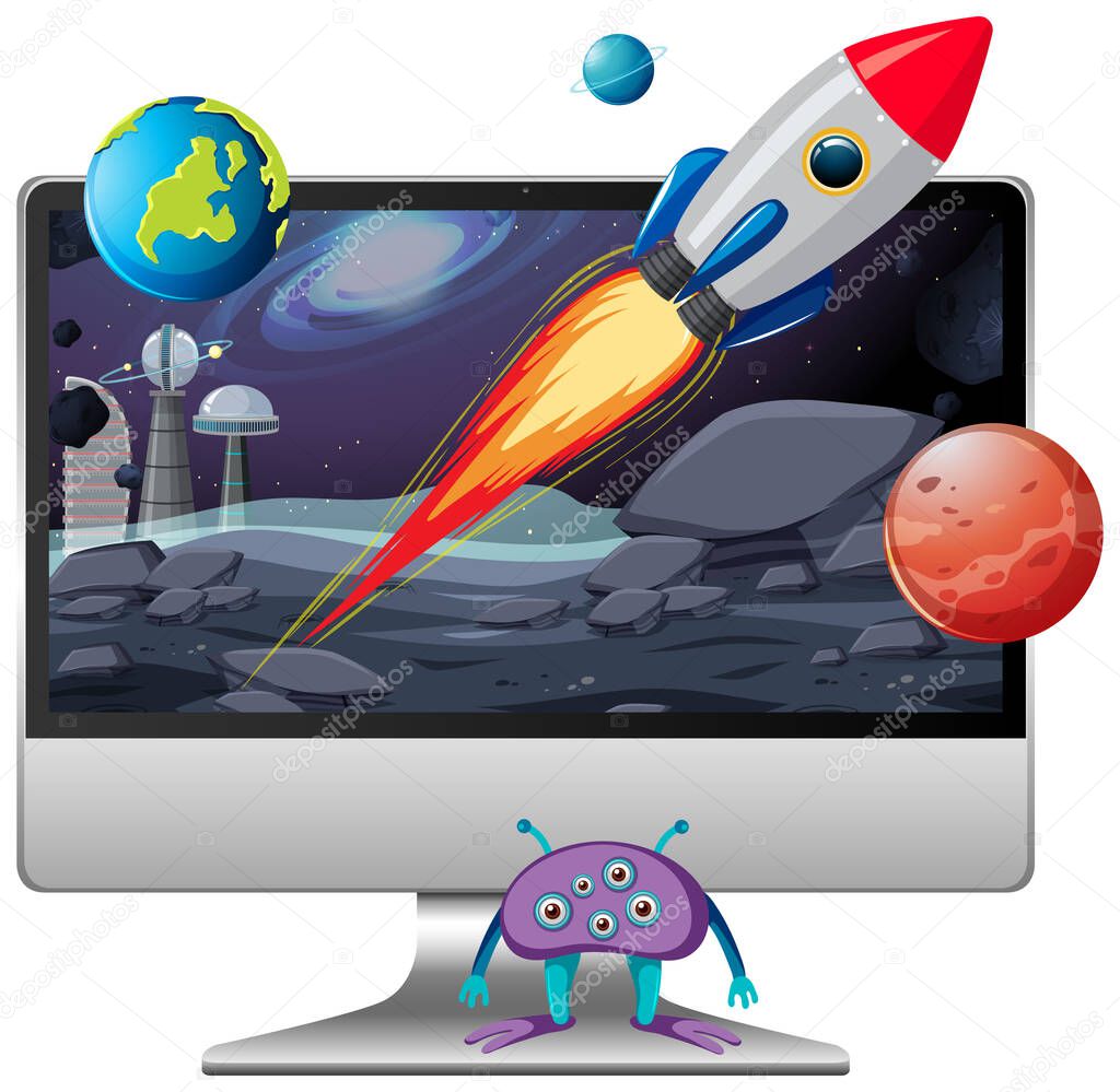 Space scene on computer desktop background illustration