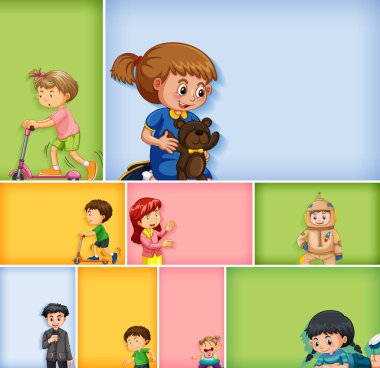 Farklı arkaplan resimlerinde farklı çocuk karakterleri kümesi