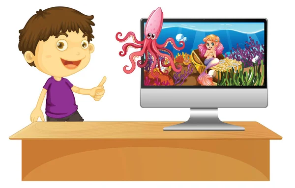 Niño Feliz Lado Computadora Con Escena Submarina Ilustración Pantalla — Vector de stock