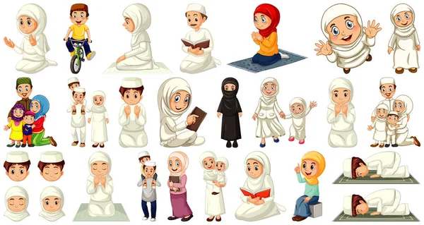 Conjunto Diferentes Personajes Dibujos Animados Musulmanes Aislados Sobre Fondo Blanco — Vector de stock