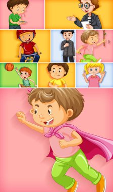 Farklı arkaplan resimlerinde farklı çocuk karakterleri kümesi