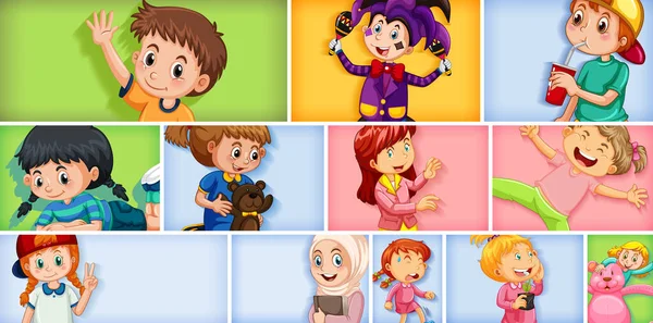 Σύνολο Διαφορετικών Παιδικών Χαρακτήρων Διαφορετική Έγχρωμη Απεικόνιση Φόντου — Διανυσματικό Αρχείο