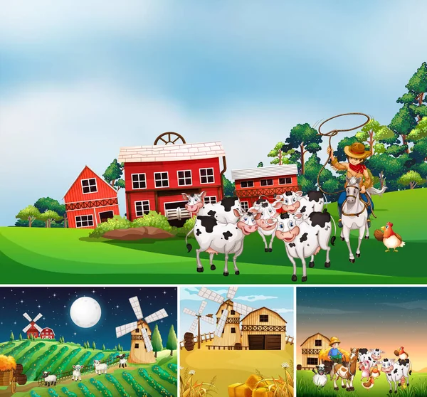 Set Different Farm Scenes Animal Farm Cartoon Style Illustration — Stock Vector