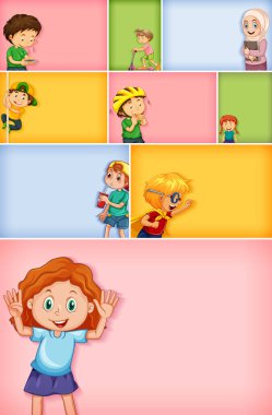 Farklı arkaplan resimlerinde farklı çocuk karakterleri kümesi