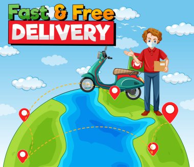 Bisikletçi ya da kurye resimli hızlı ve ücretsiz teslimat logosu