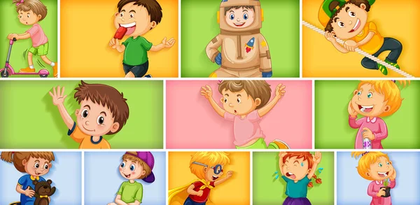 Sada Různých Dětských Znaků Různých Barevných Pozadí Ilustrace — Stockový vektor