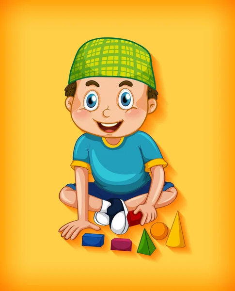 Boy Playing Toys Yellow Background Illustration — Stock Vector