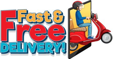 Bisikletçi ya da kurye resimli hızlı ve ücretsiz teslimat logosu