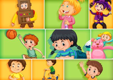 Farklı arkaplan resimlerinde farklı çocuk karakterleri kümesi