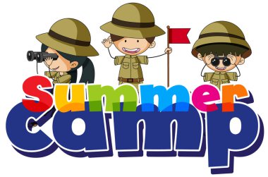 İzci kostümlü çocukların kelime kampı için yazı tipi tasarımı.