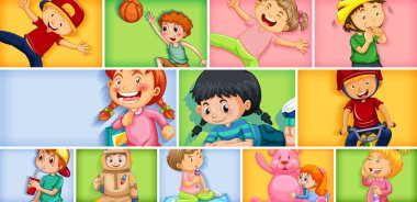 Farklı arkaplan resimlerinde farklı çocuk karakterleri kümesi