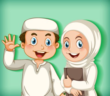 Renkli arkaplan çizimi üzerine mutlu Müslüman çift