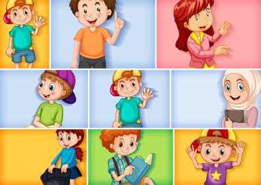 Farklı arkaplan resimlerinde farklı çocuk karakterleri kümesi