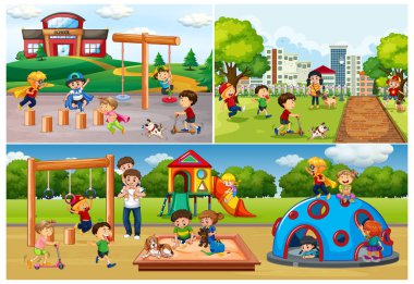Parktaki ve oyun parkındaki bir grup insan