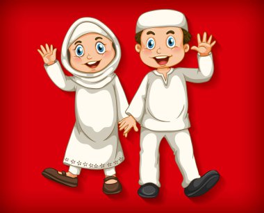 Renkli arkaplan çizimi üzerine mutlu Müslüman çift