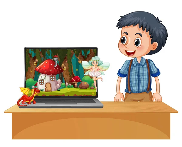 Happy Boy Naast Laptop Met Magie Land Desktop Achtergrond Illustratie — Stockvector