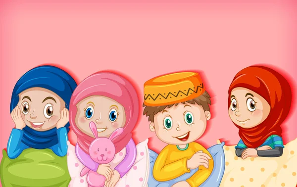 Crianças Muçulmanas Desenho Animado Personagem Ilustração — Vetor de Stock