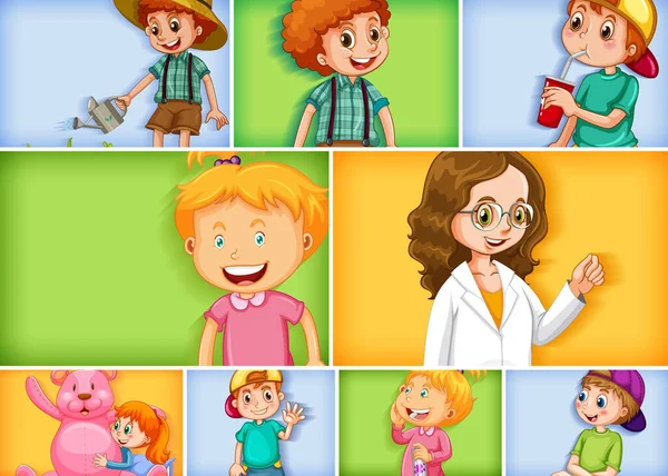 Farklı Arkaplan Resimlerinde Farklı Çocuk Karakterleri Kümesi — Stok Vektör