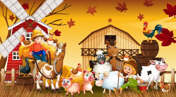 秋季带风车的农场与畜牧场的自然景观图解 — 图库矢量图片